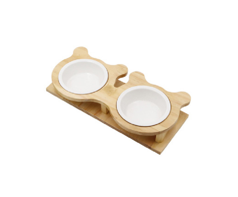 Solid wood stand cat head ceramic double bowl