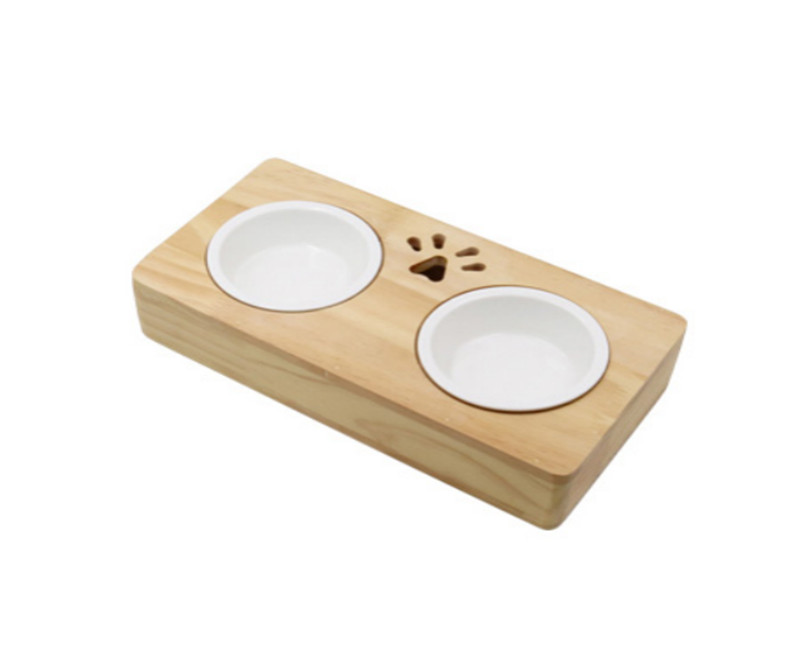 Solid wood stand ceramic double bowl